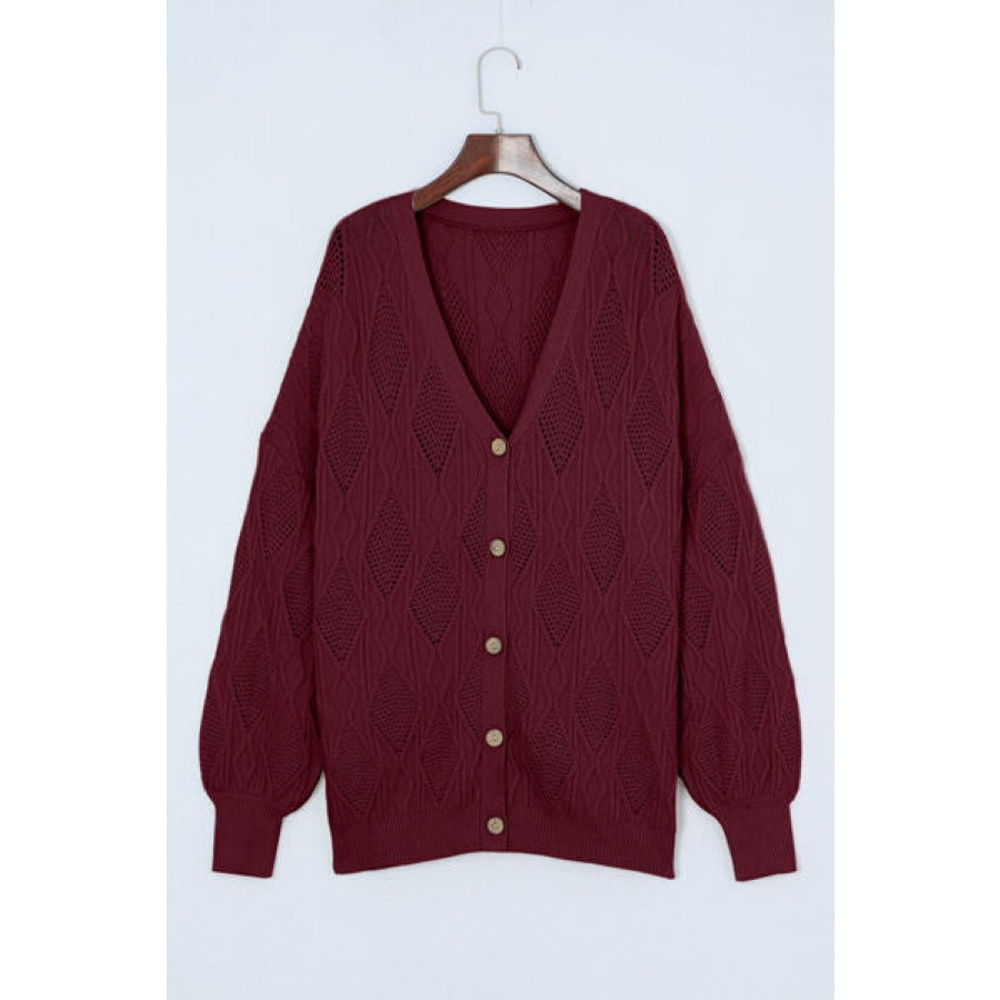 Plus Size Cable-Knit Button Up Sweater Wine / 1XL Clothing