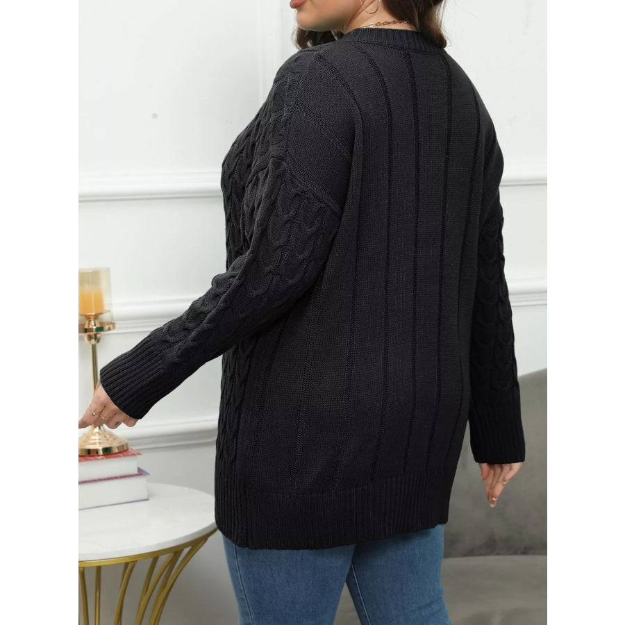 Plus Size Cable Knit Dropped Shoulder Sweater Black / L Apparel and Accessories
