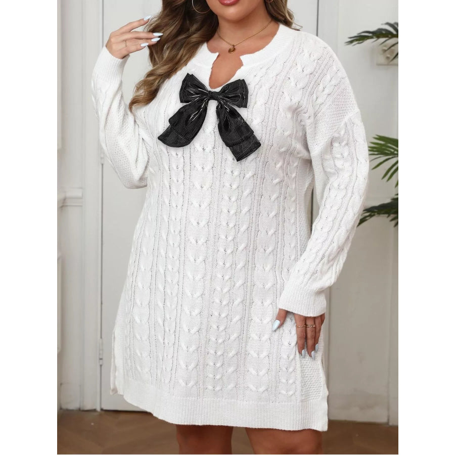 Plus Size Cable Knit Sweater Dress with Contrast Bow Detail Apparel and Accessories