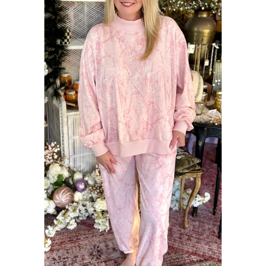 Plus Size Camouflage Print Stand Neck Long Sleeve Top and Pants Set Apparel Accessories
