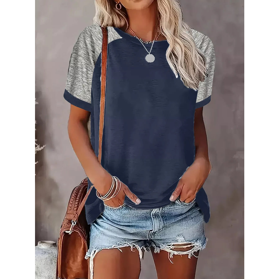Plus Size Casual Color Block Raglan Sleeve T-Shirt Navy / 1XL Apparel and Accessories