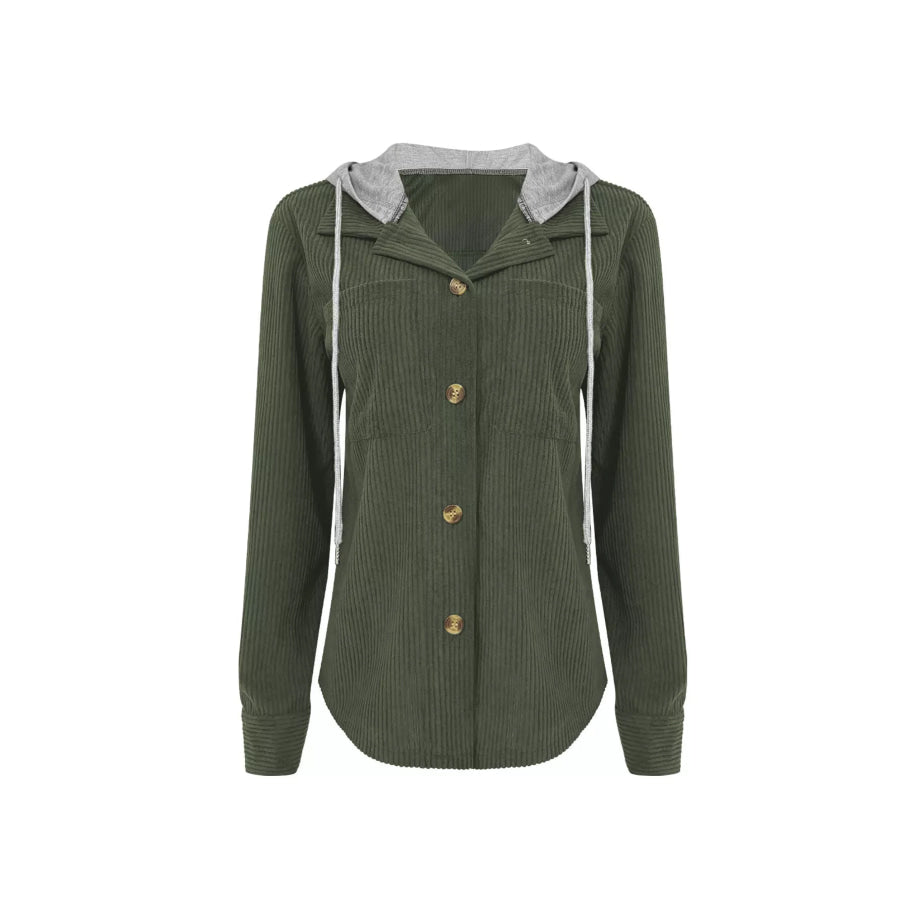 Plus Size Casual Corduroy Button-Down Hooded Jacket Apparel and Accessories