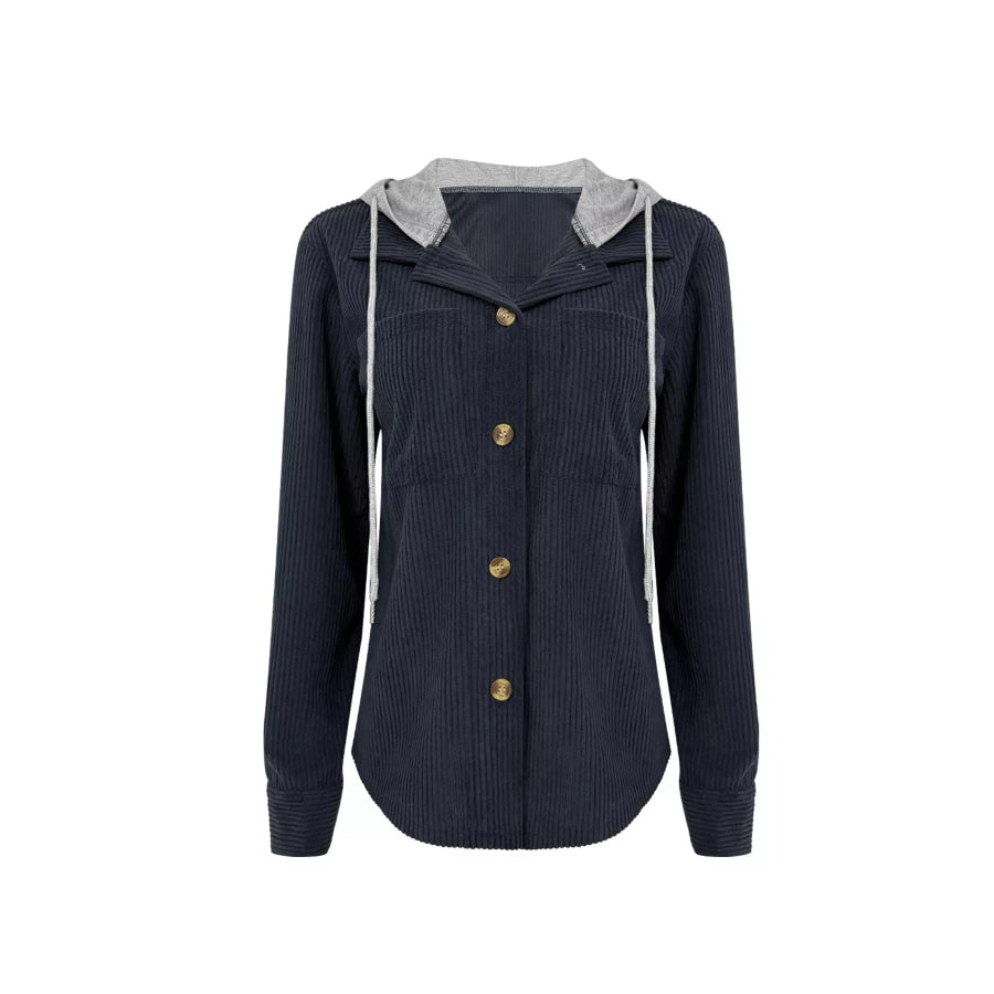 Plus Size Casual Corduroy Button-Down Hooded Jacket Apparel and Accessories