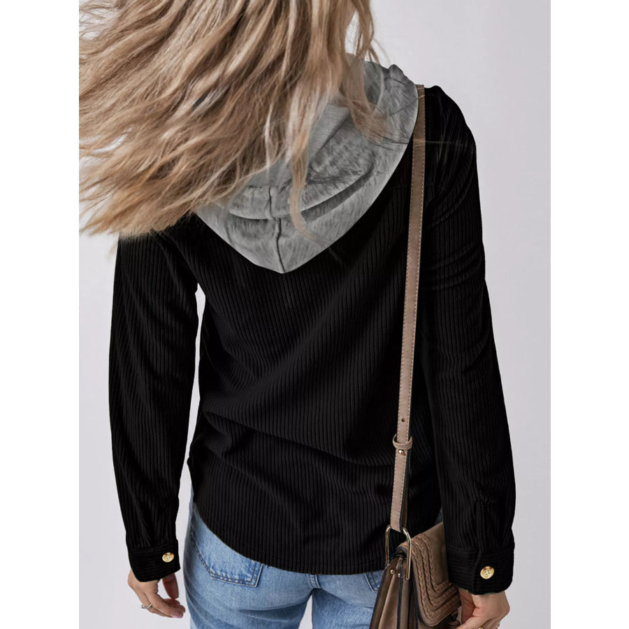Plus Size Casual Corduroy Button-Down Hooded Jacket Apparel and Accessories