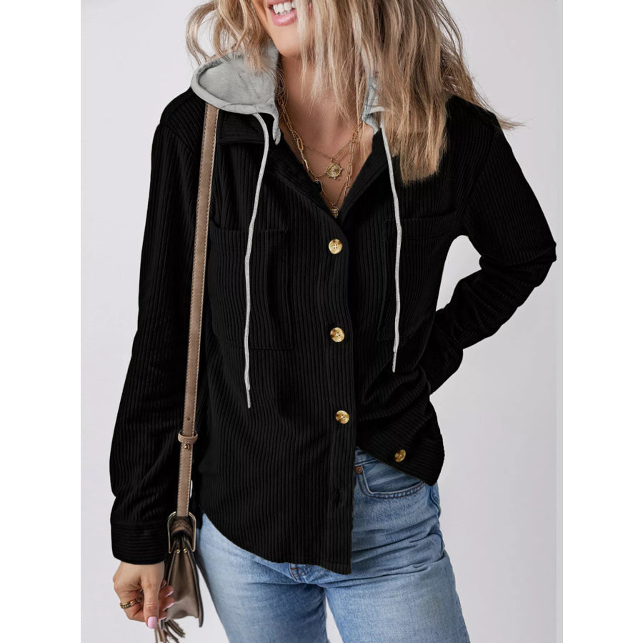 Plus Size Casual Corduroy Button-Down Hooded Jacket Apparel and Accessories