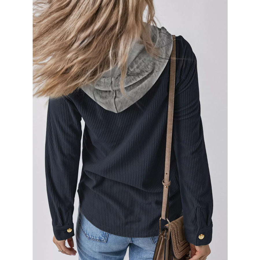 Plus Size Casual Corduroy Button-Down Hooded Jacket Apparel and Accessories