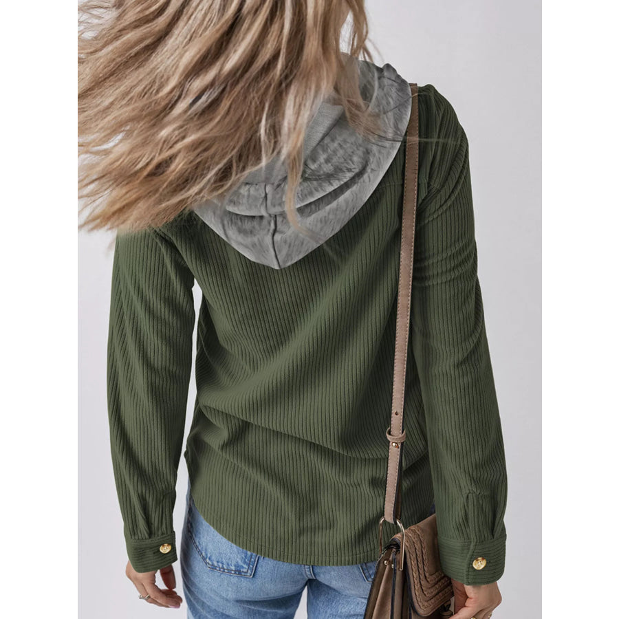 Plus Size Casual Corduroy Button-Down Hooded Jacket Apparel and Accessories