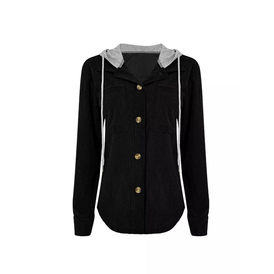 Plus Size Casual Corduroy Button-Down Hooded Jacket Apparel and Accessories