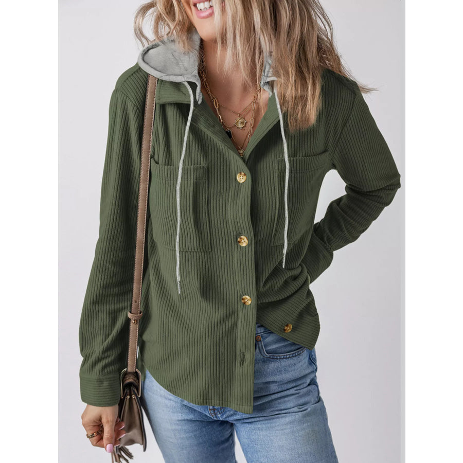 Plus Size Casual Corduroy Button-Down Hooded Jacket Apparel and Accessories