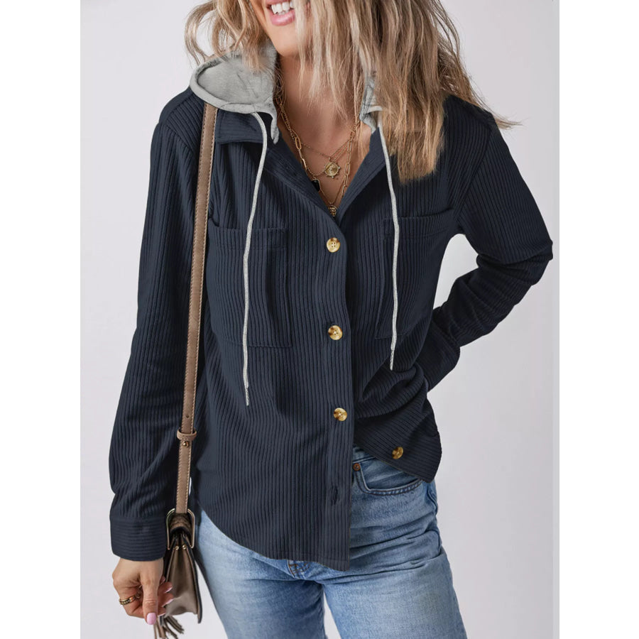 Plus Size Casual Corduroy Button-Down Hooded Jacket Apparel and Accessories