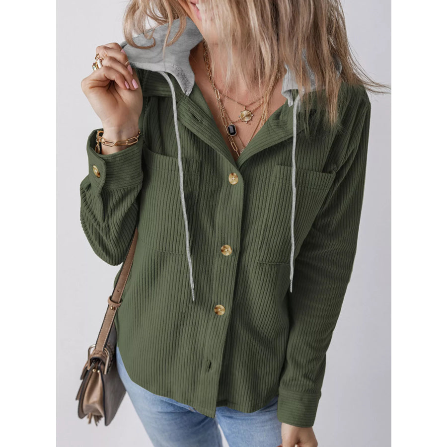 Plus Size Casual Corduroy Button-Down Hooded Jacket Army Green / XL Apparel and Accessories