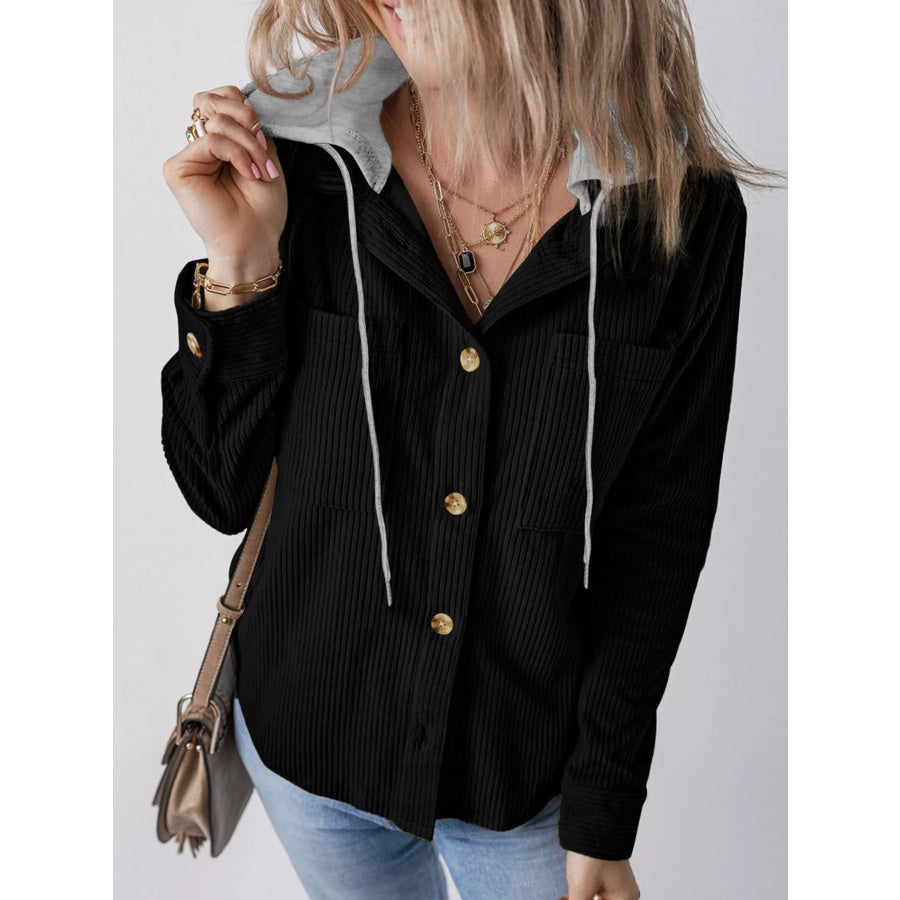 Plus Size Casual Corduroy Button-Down Hooded Jacket Black / XL Apparel and Accessories