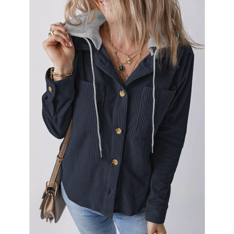 Plus Size Casual Corduroy Button-Down Hooded Jacket Dark Navy / XL Apparel and Accessories