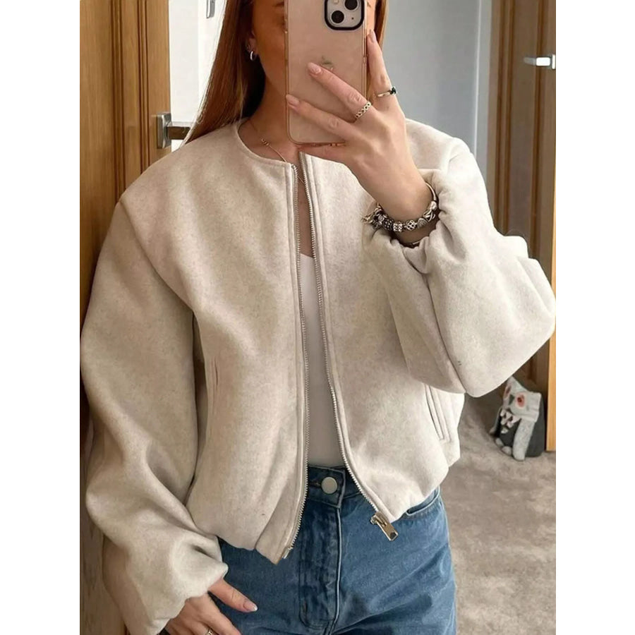 Plus Size Casual Fleece Zip-Up Bomber Jacket Beige / 1XL Apparel and Accessories
