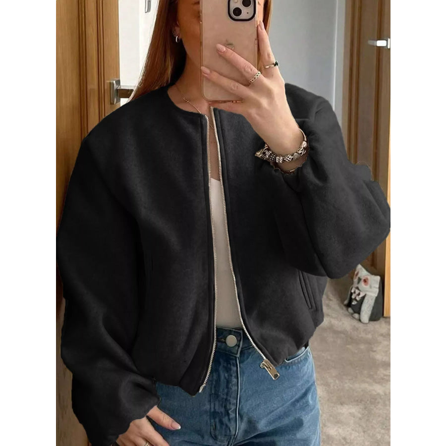 Plus Size Casual Fleece Zip-Up Bomber Jacket Black / 1XL Apparel and Accessories