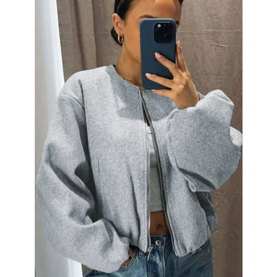 Plus Size Casual Fleece Zip-Up Bomber Jacket Gray / 1XL Apparel and Accessories