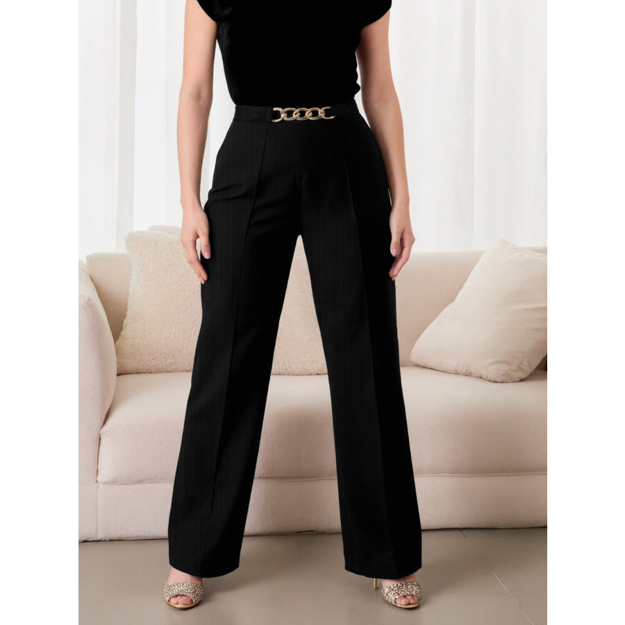 Plus Size Chain-Waist Wide-Leg Pants Black / 0XL Apparel and Accessories