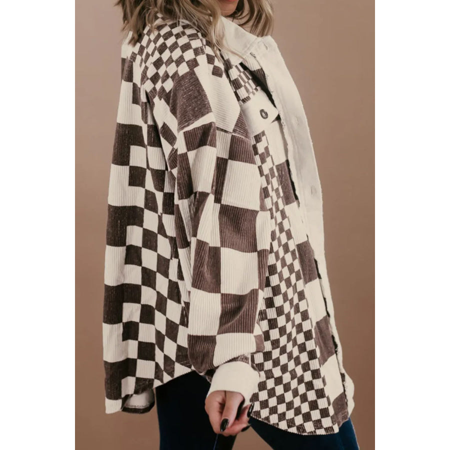 Plus Size Checkered Button Up Long Sleeve Jacket Apparel and Accessories