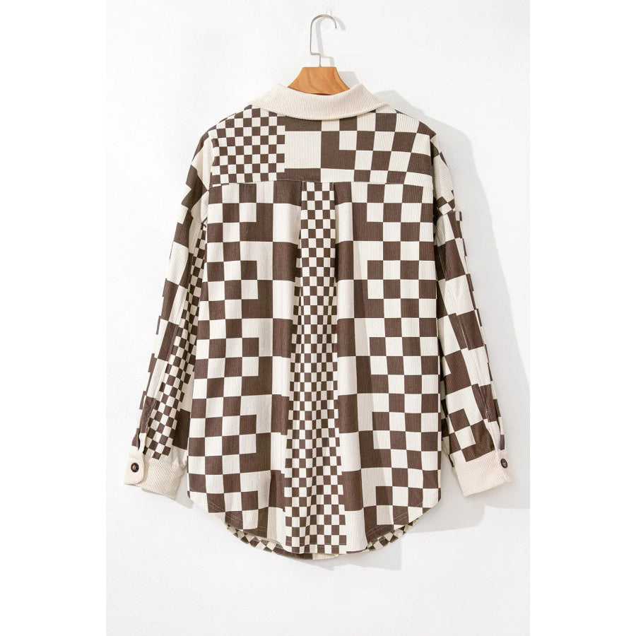 Plus Size Checkered Button Up Long Sleeve Jacket Apparel and Accessories