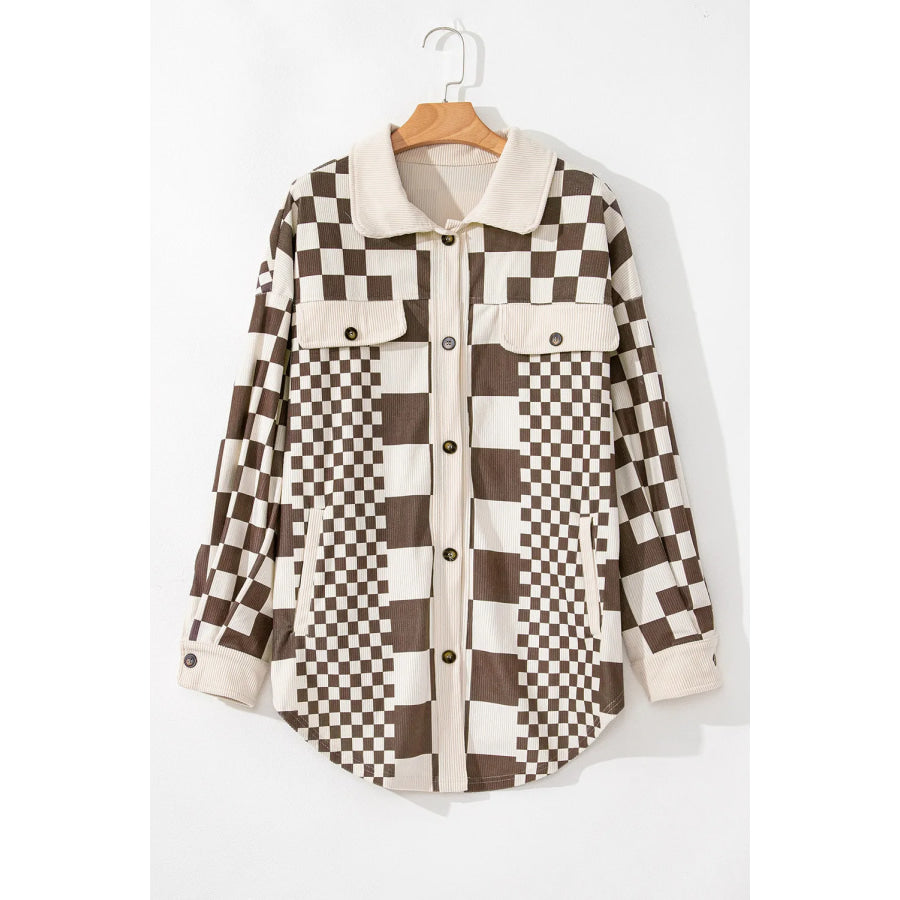 Plus Size Checkered Button Up Long Sleeve Jacket Apparel and Accessories