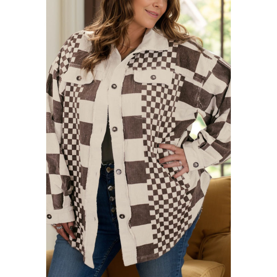 Plus Size Checkered Button Up Long Sleeve Jacket Chocolate / 1XL Apparel and Accessories