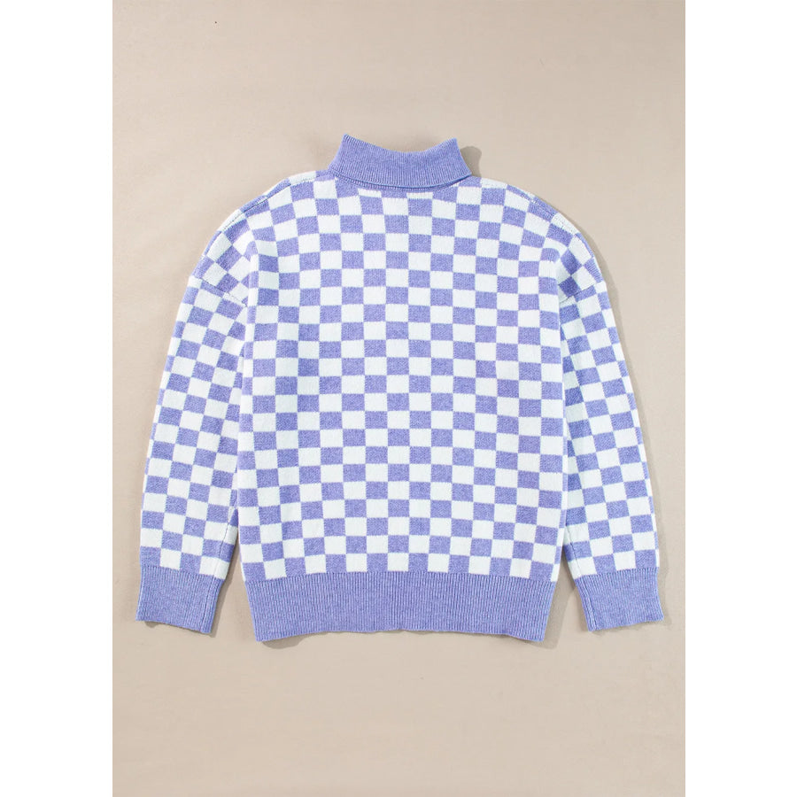 Plus Size Checkered Collared Neck Long Sleeve Sweater Apparel and Accessories