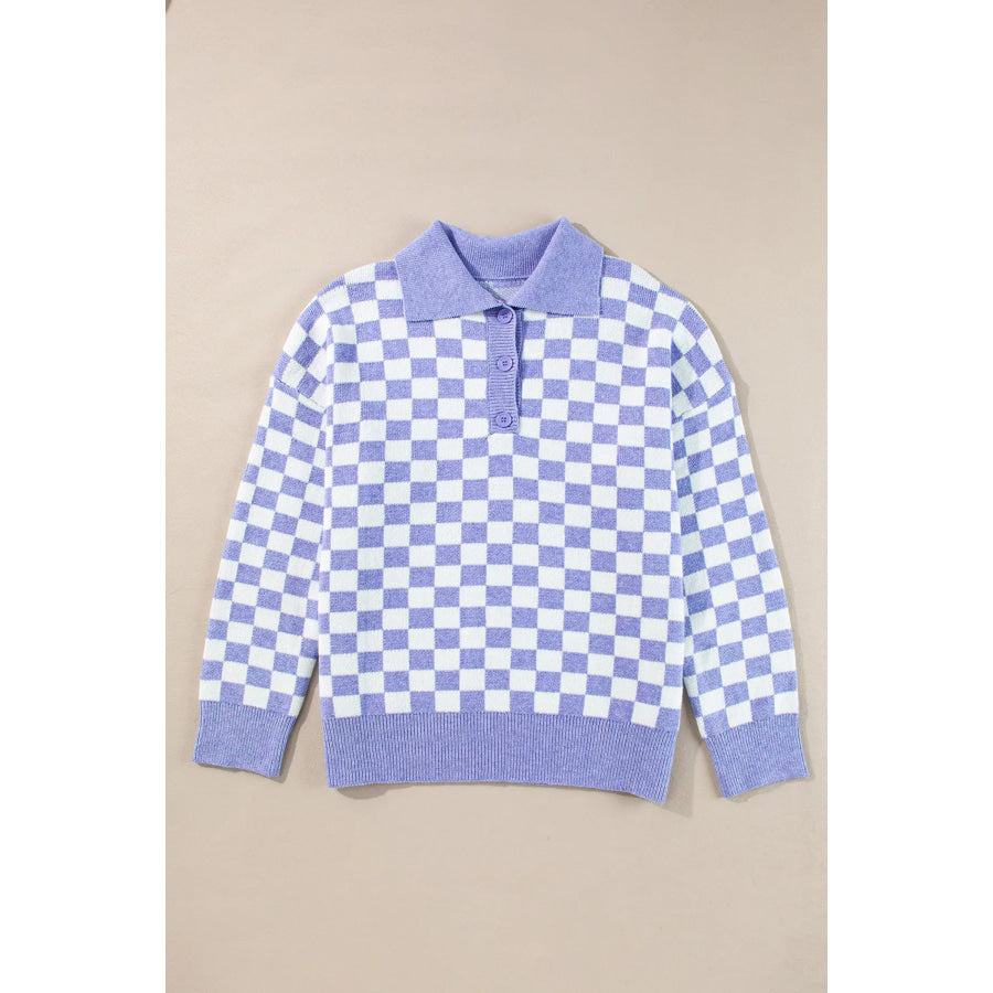 Plus Size Checkered Collared Neck Long Sleeve Sweater Apparel and Accessories