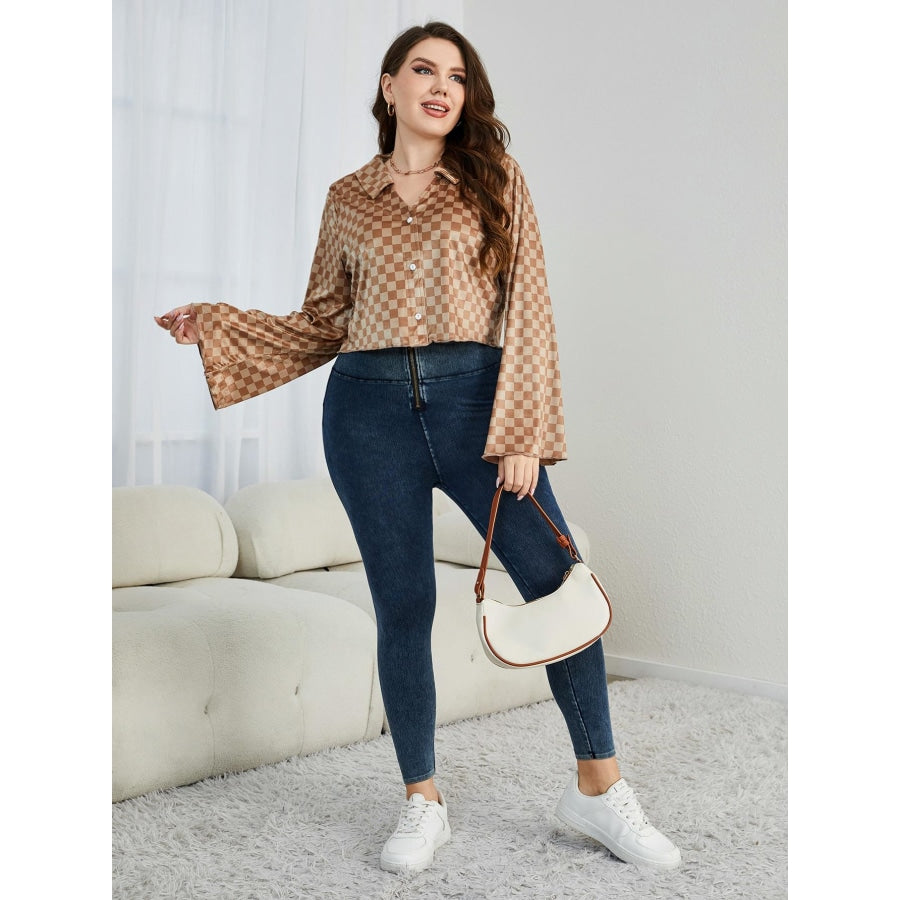 Plus Size Checkered Johnny Collar Flare Sleeve Shirt