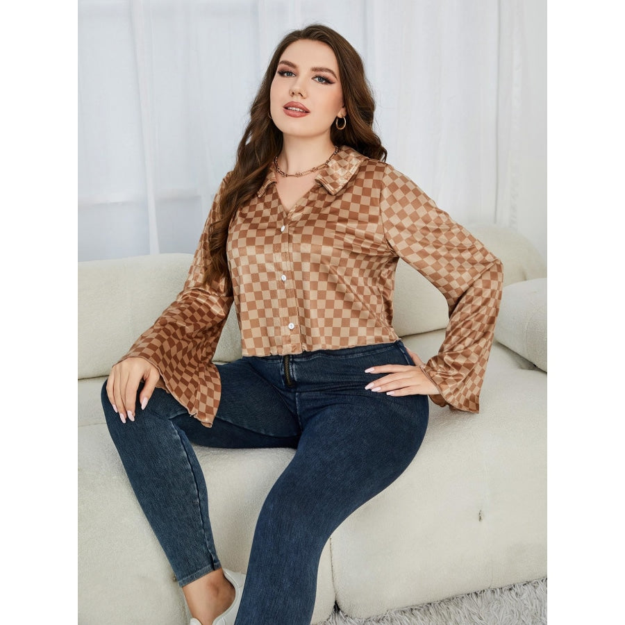 Plus Size Checkered Johnny Collar Flare Sleeve Shirt