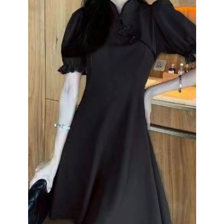 Plus Size Chinese-Style Button Puff Sleeve Dress Apparel and Accessories