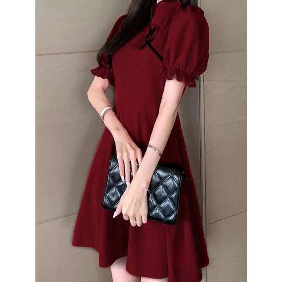 Plus Size Chinese-Style Button Puff Sleeve Dress Apparel and Accessories