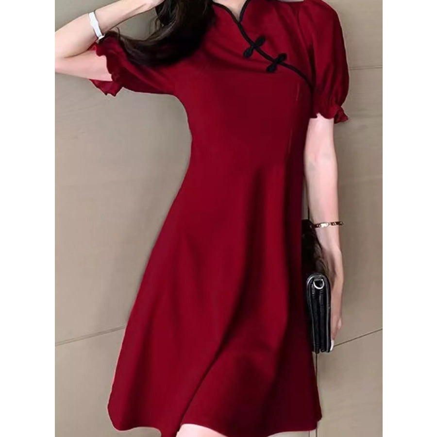 Plus Size Chinese-Style Button Puff Sleeve Dress Apparel and Accessories