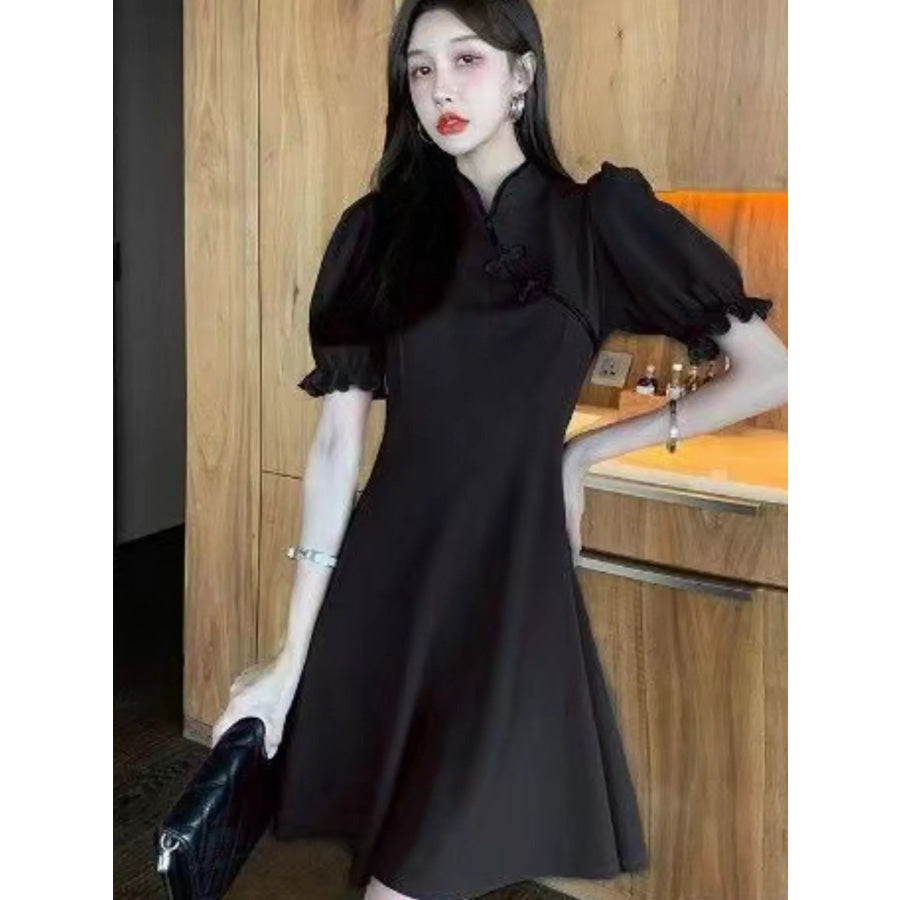 Plus Size Chinese-Style Button Puff Sleeve Dress Apparel and Accessories