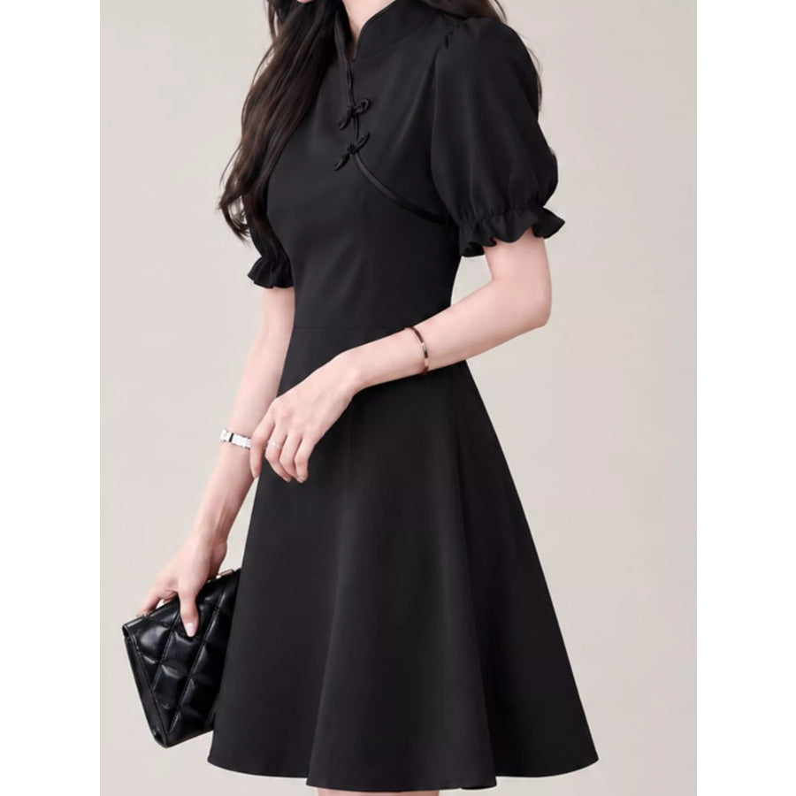 Plus Size Chinese-Style Button Puff Sleeve Dress Black-SD286 / M Apparel and Accessories
