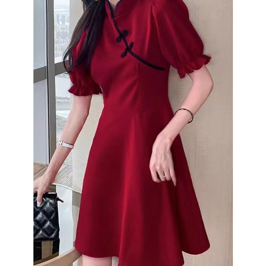 Plus Size Chinese-Style Button Puff Sleeve Dress Burgundy-SD286 / M Apparel and Accessories
