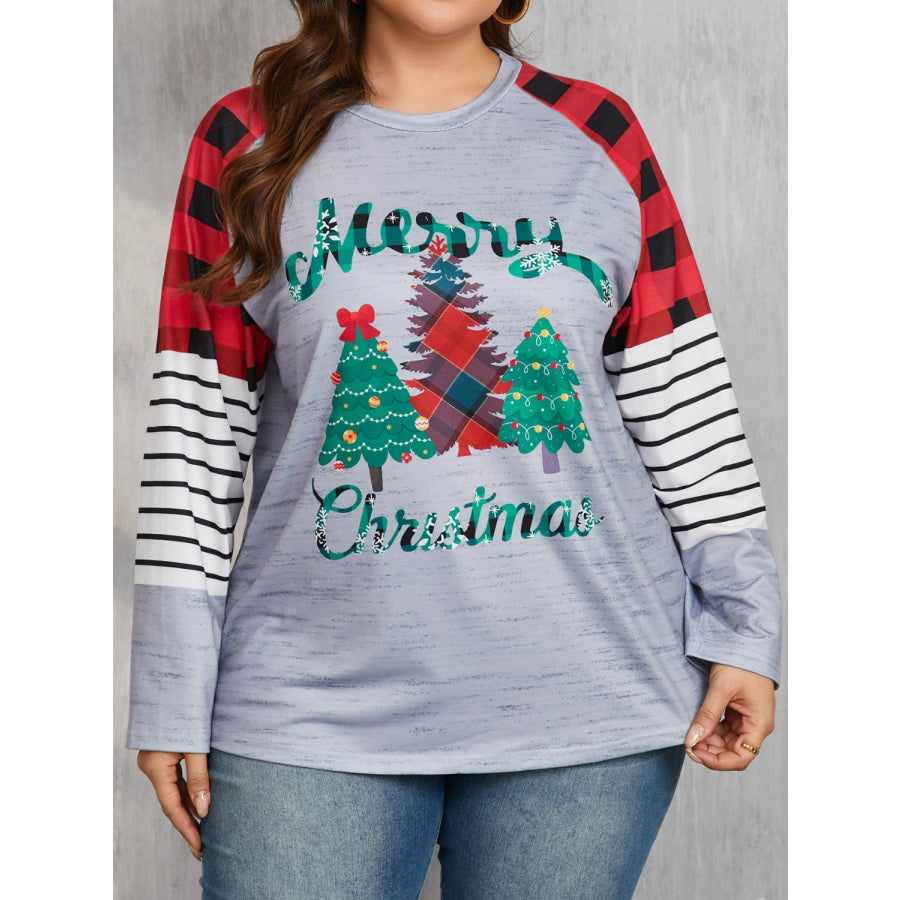 Plus Size Christmas Tree Plaid Round Neck Long Sleeve T-Shirt Apparel and Accessories