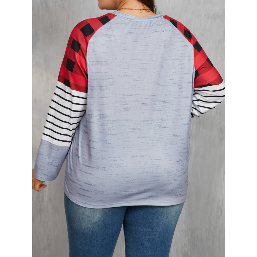 Plus Size Christmas Tree Plaid Round Neck Long Sleeve T-Shirt Apparel and Accessories