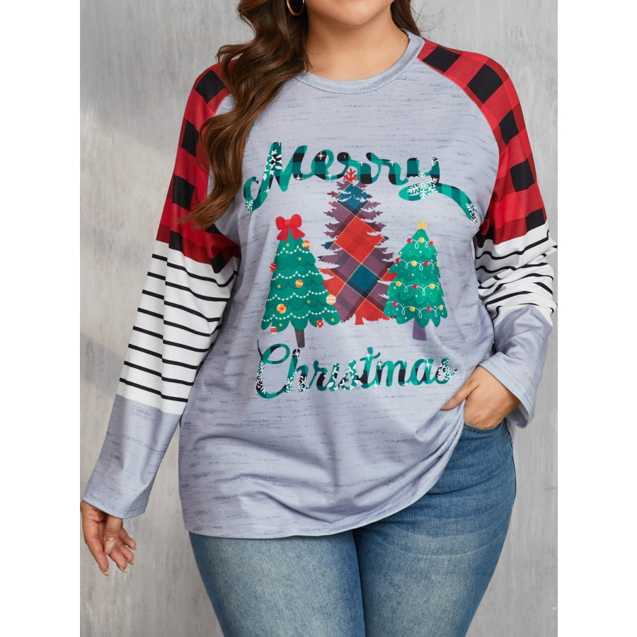 Plus Size Christmas Tree Plaid Round Neck Long Sleeve T-Shirt Gray / 0XL Apparel and Accessories