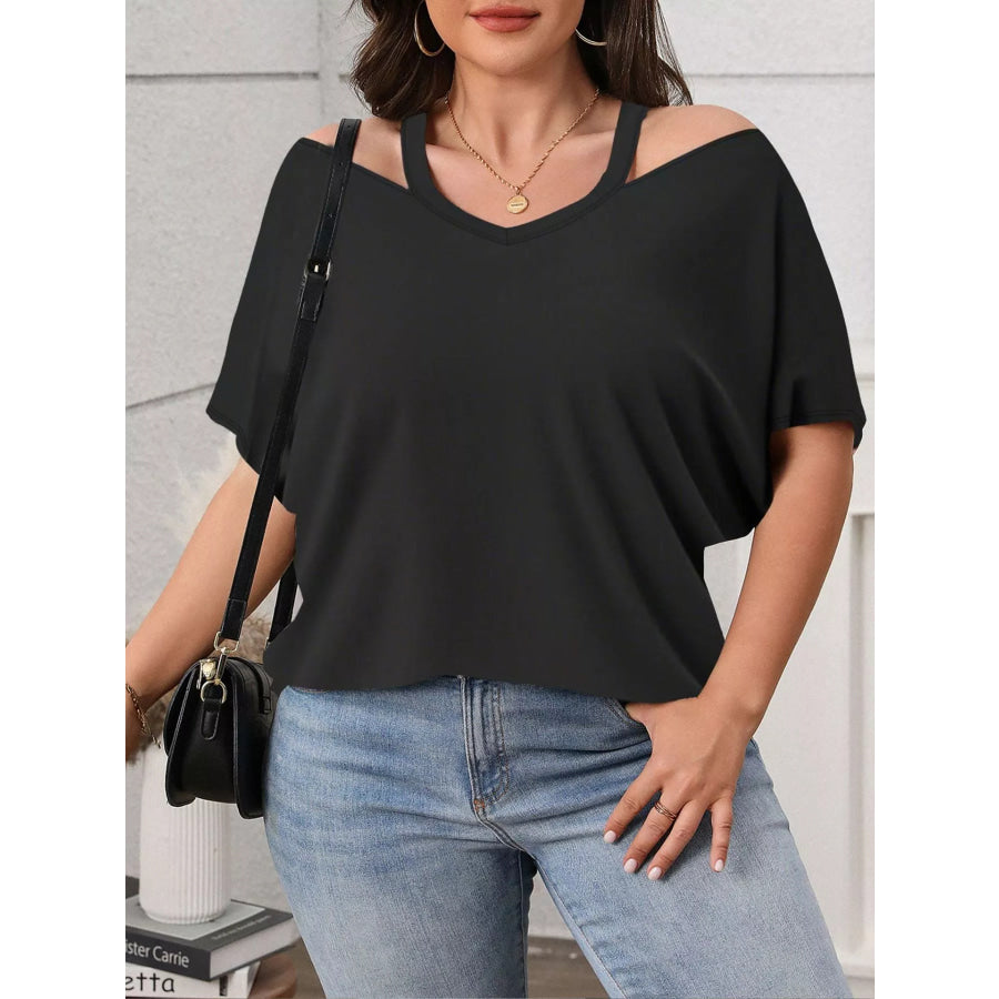Plus Size Cold Shoulder Short Sleeve Top Black / 0XL Apparel and Accessories