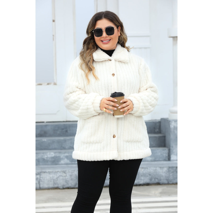 Plus Size Collared Neck Button Down Fuzzy Outerwear Apparel and Accessories