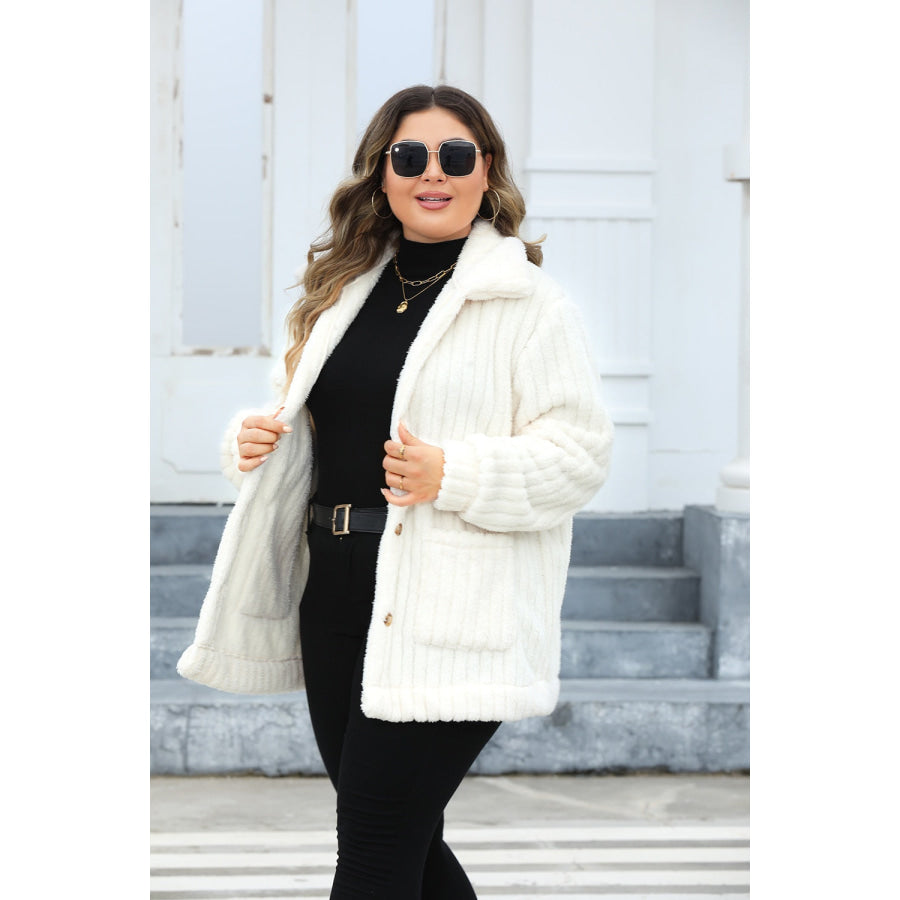 Plus Size Collared Neck Button Down Fuzzy Outerwear Apparel and Accessories