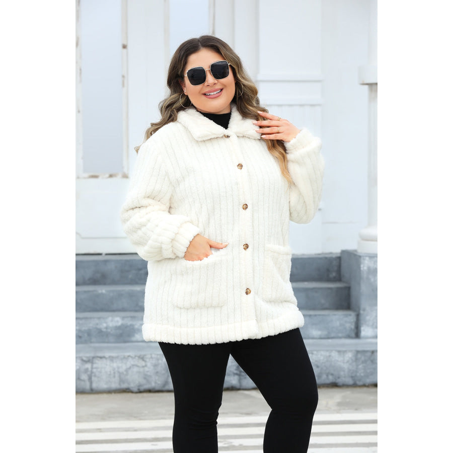 Plus Size Collared Neck Button Down Fuzzy Outerwear Apparel and Accessories