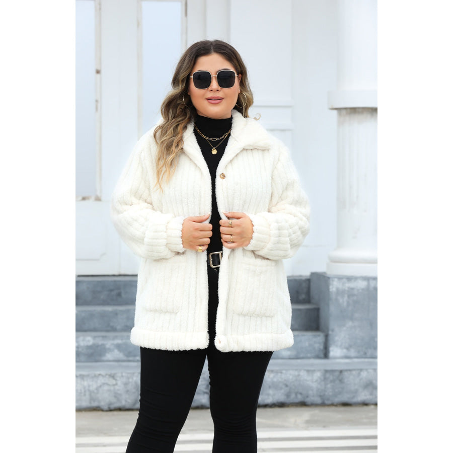 Plus Size Collared Neck Button Down Fuzzy Outerwear White / 1XL Apparel and Accessories