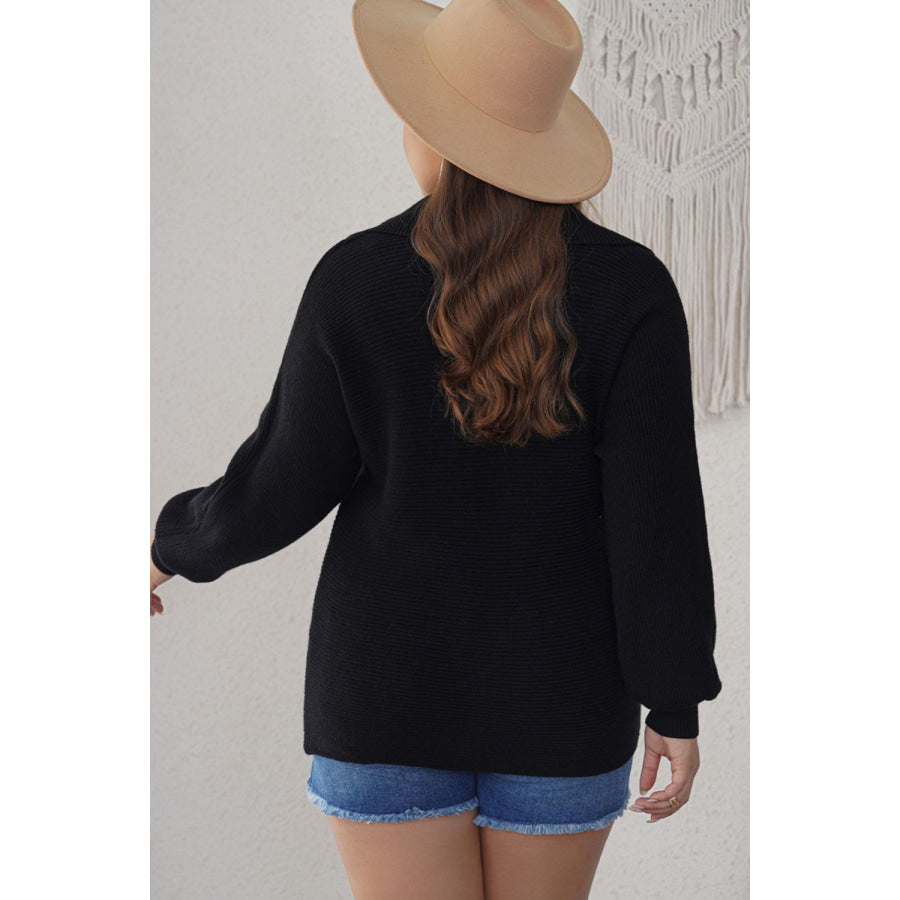 Plus Size Collared Neck Long Sleeve Sweater Black / 1X Apparel and Accessories