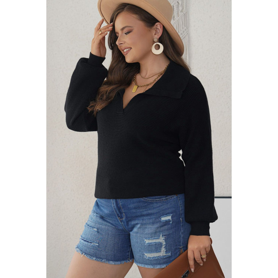 Plus Size Collared Neck Long Sleeve Sweater Apparel and Accessories