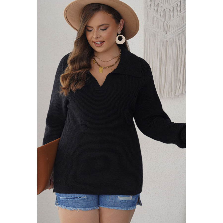 Plus Size Collared Neck Long Sleeve Sweater Apparel and Accessories