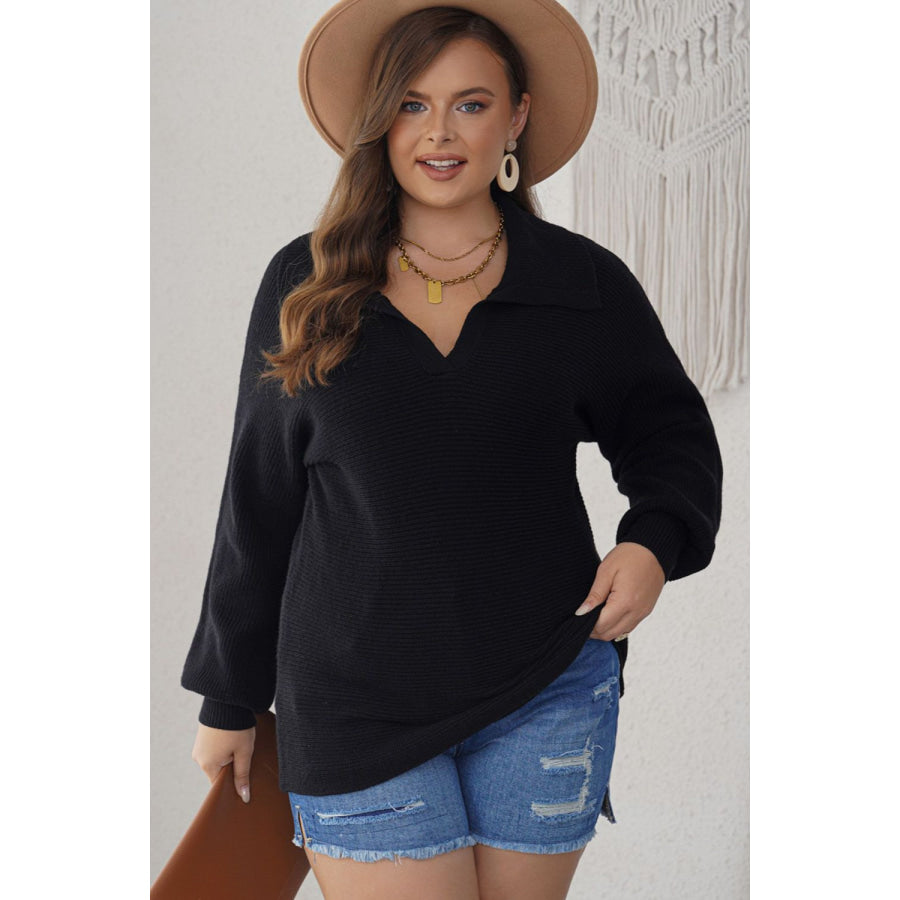 Plus Size Collared Neck Long Sleeve Sweater Black / 1X Apparel and Accessories
