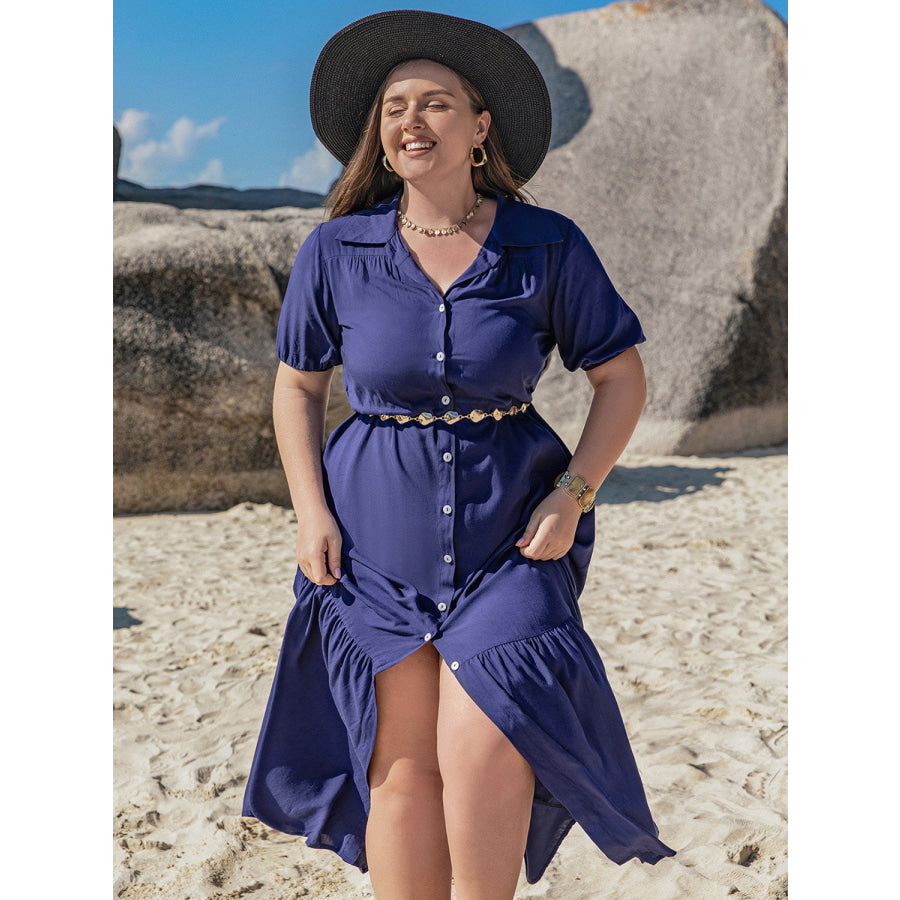 Plus Size Collared Neck Short Sleeve Midi Dress Apparel and Accessories