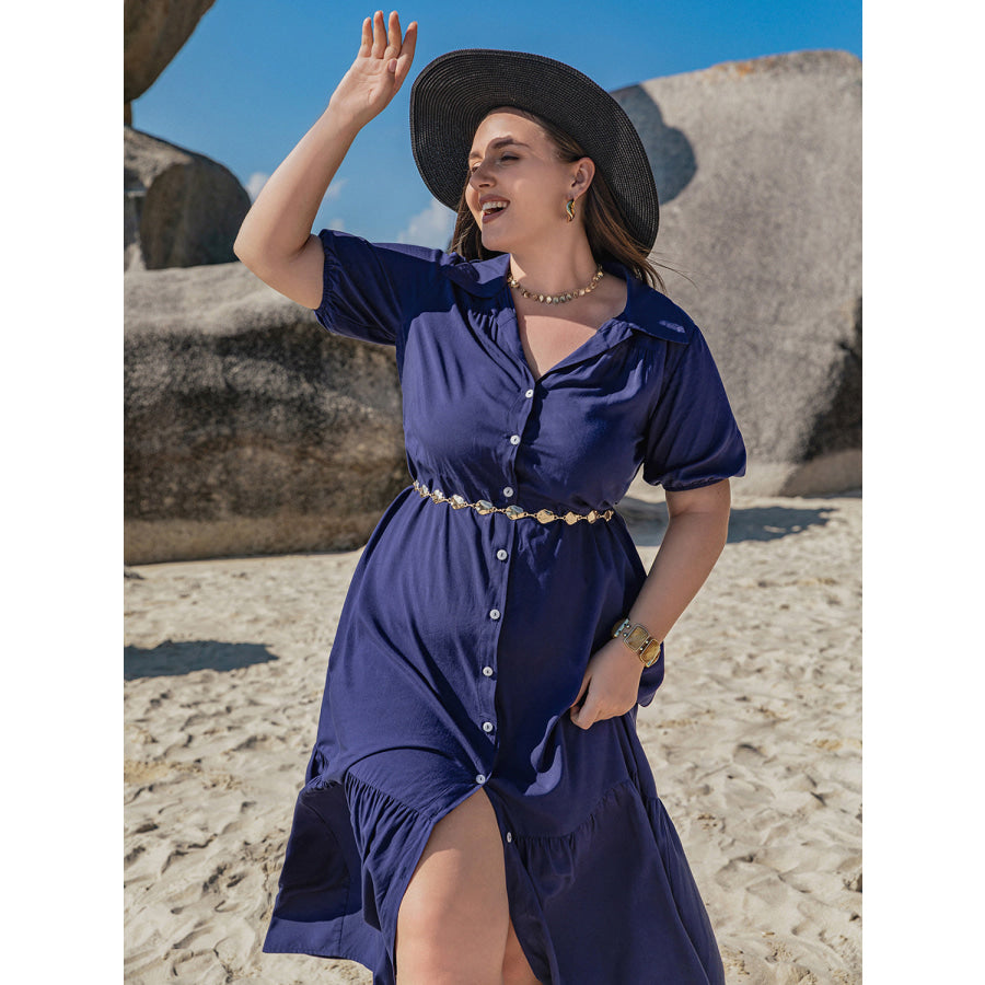 Plus Size Collared Neck Short Sleeve Midi Dress Apparel and Accessories