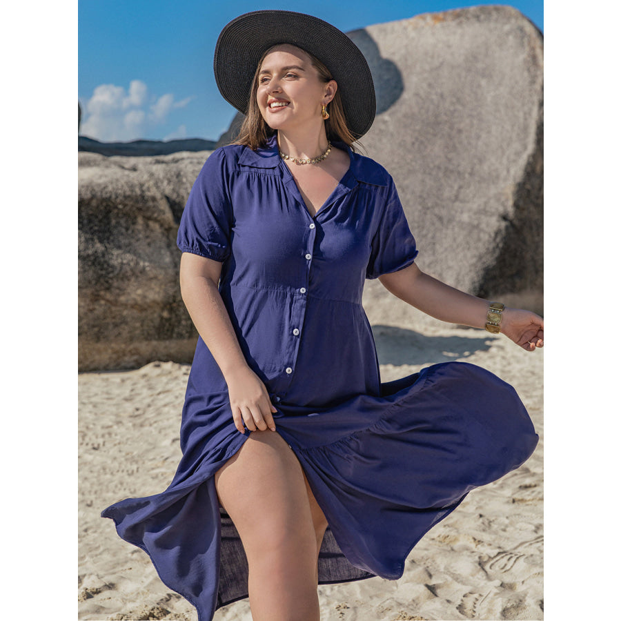 Plus Size Collared Neck Short Sleeve Midi Dress Apparel and Accessories